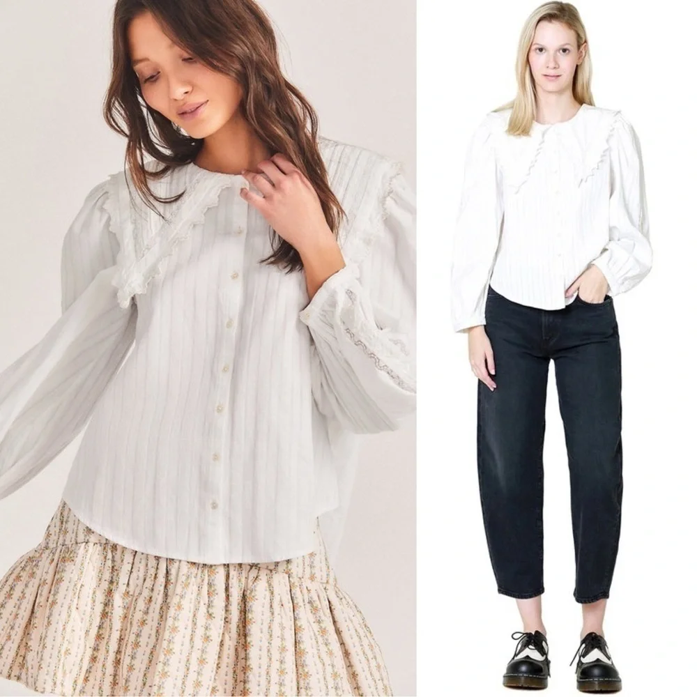 LOVESHACKFANCY Lace Embroidered Oversized Collar Puff Long Sleeve Pintuck Top XS